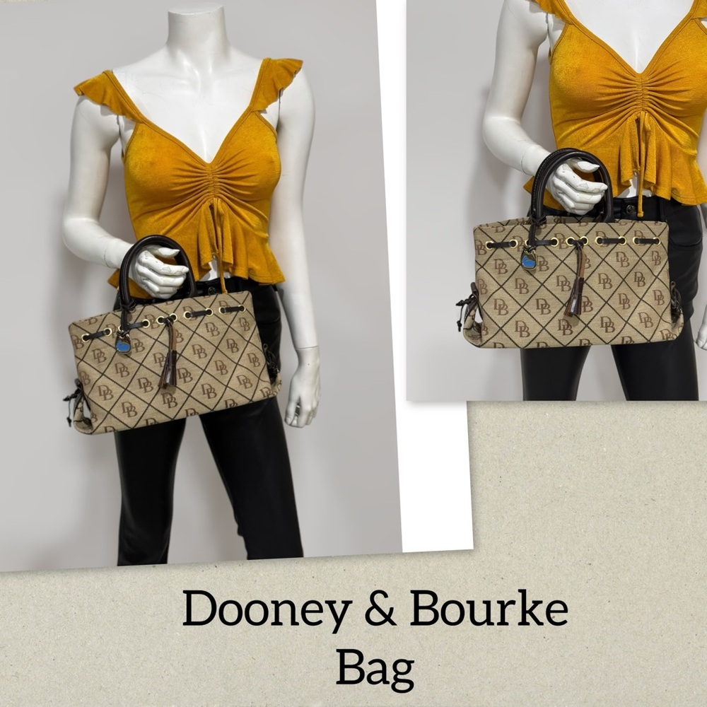 Vintage Dooney & Bourke Brown Logo Print Canvas Tassel Tote Satchel Bag - Picture 6 of 13